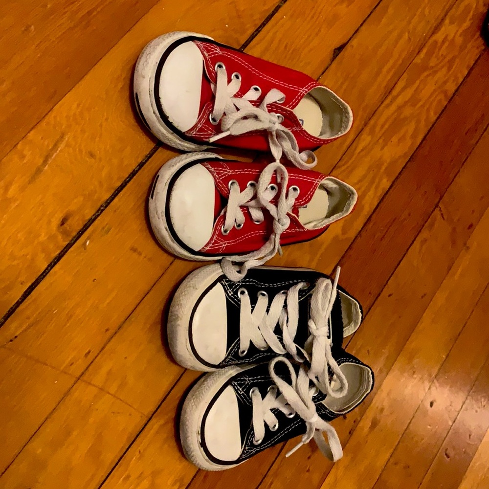 2 pair black and red kids converse